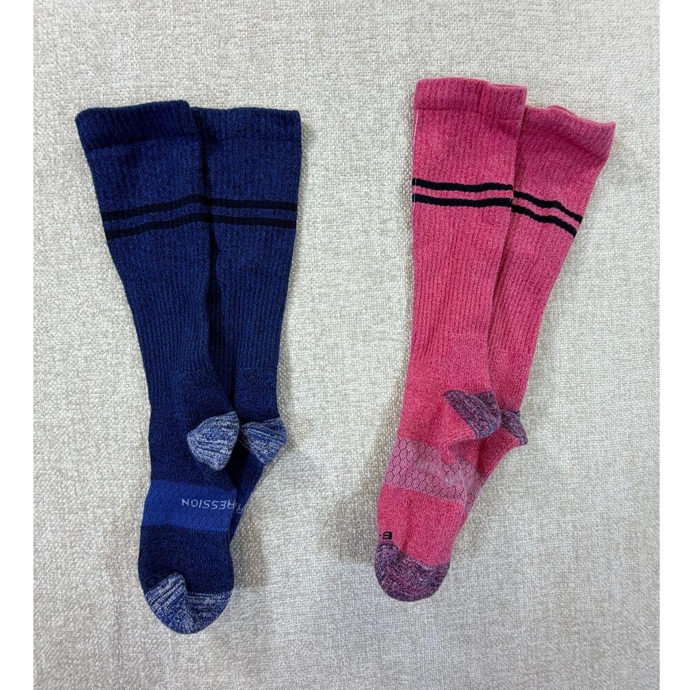 Bombas Women M Pink Blue Lot 2 Everyday Compression Mid Calf Walk Socks Casual